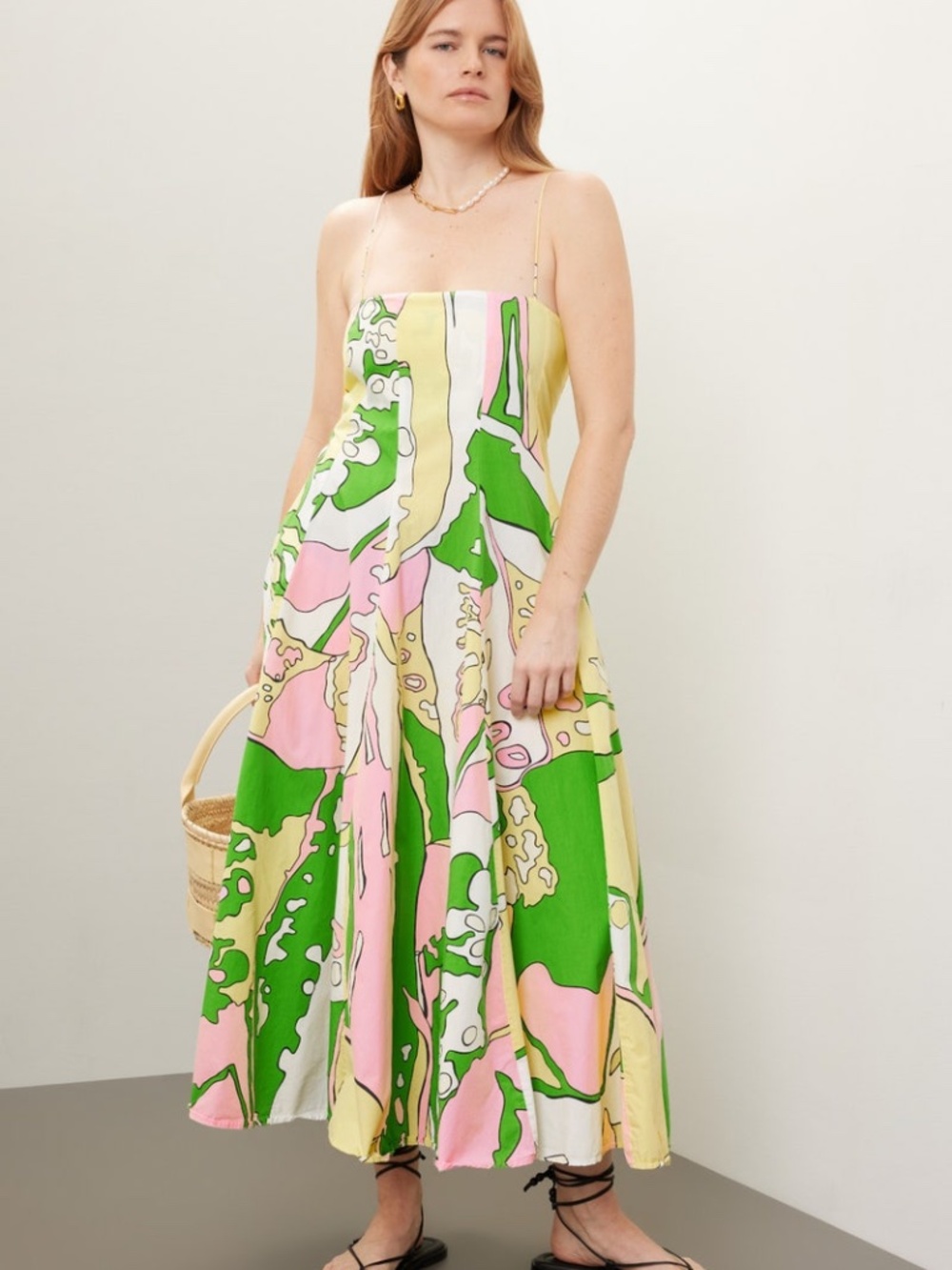 S/W/F Yellow Pink Midi Dress Abstract Print Paneled - Size Large SWF